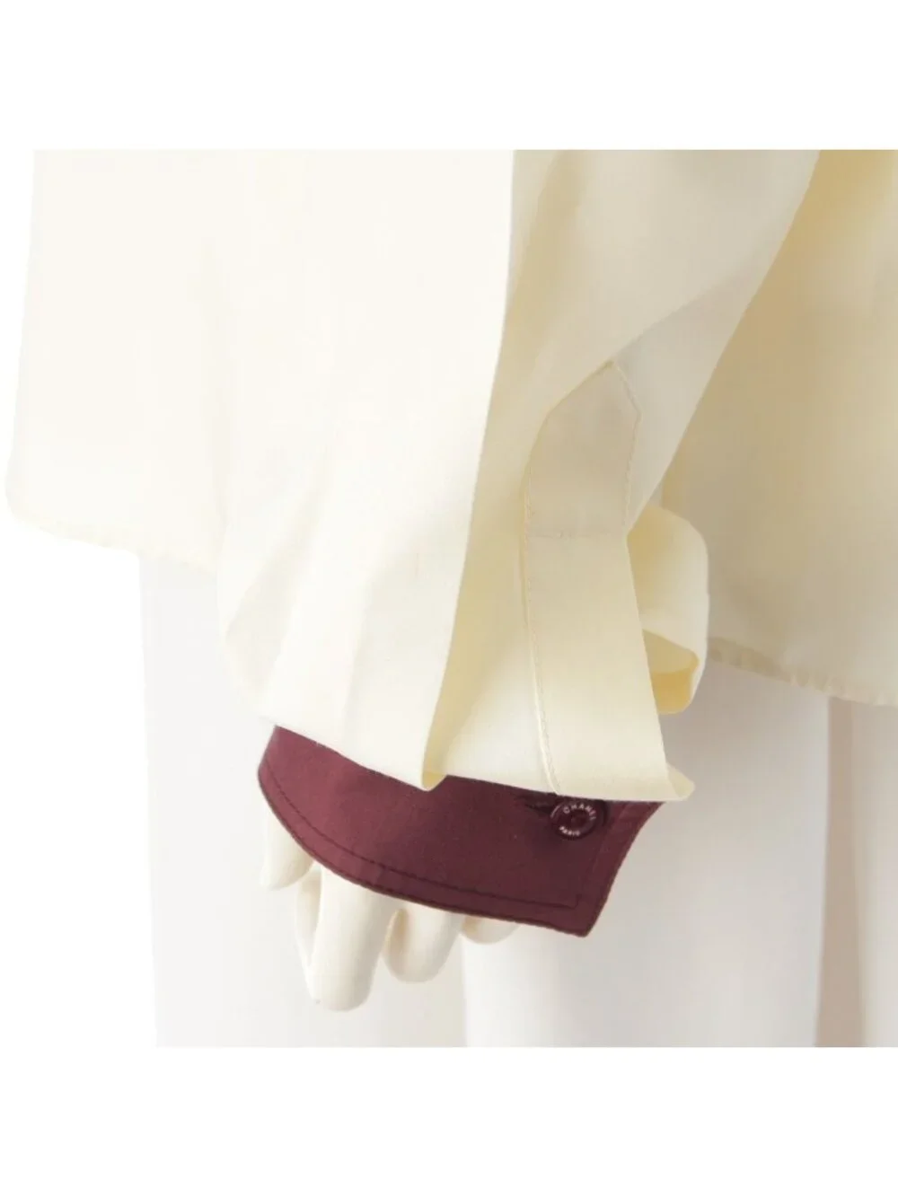 Chanel CC Logo Twill Blouse Long Sleeve Shirt Light Yellow Burgundy 42